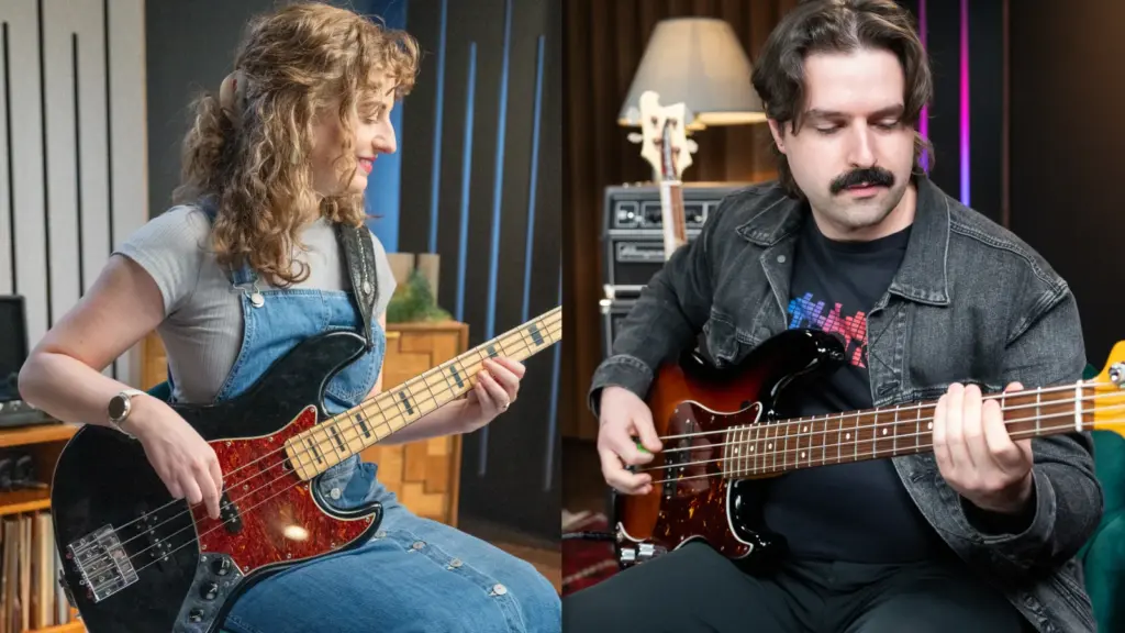 Two bass guitarists demonstrating fingerstyle and pick techniques