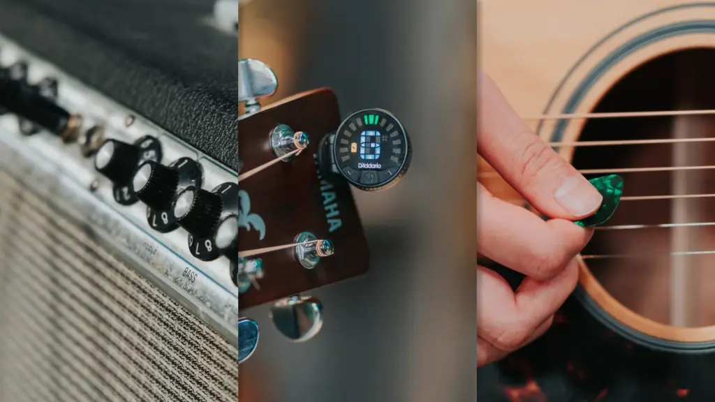 A guitar, a clip on tuner, and a guitar pick - a beginner guitar setup