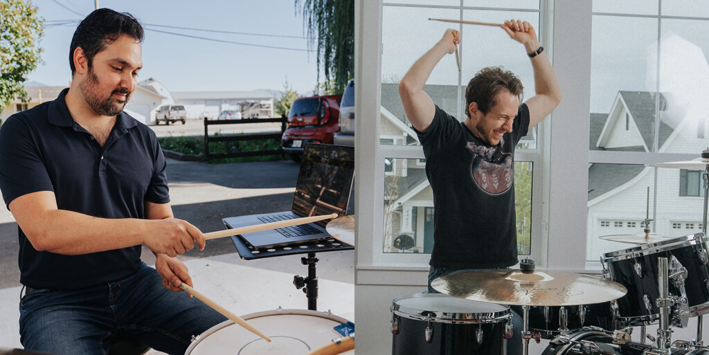 Drummers demonstrating the difference between soft and loud drum dynamics
