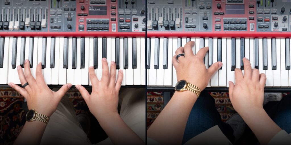 Hand position diagram: curved fingers vs. flat/collapsed